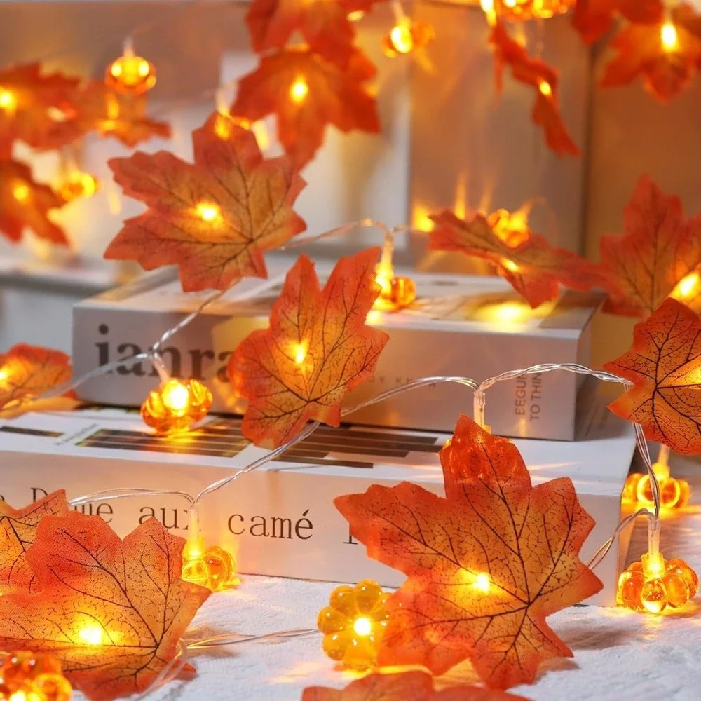 2 Pack Fall Decorations Maple Leaf Pumpkin Lights, Total 20Ft 40 LED Battery Ope